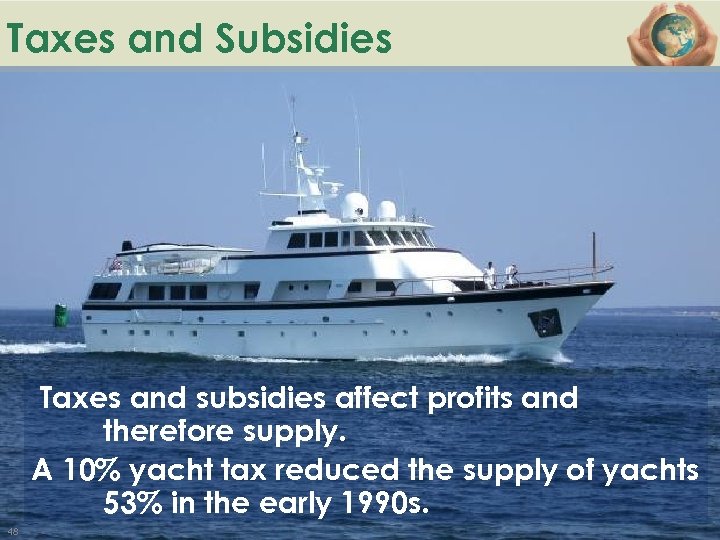 Taxes and Subsidies Taxes and subsidies affect profits and therefore supply. A 10% yacht