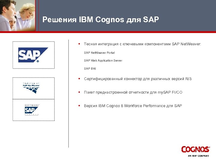 Решения IBM Cognos для SAP § Тесная интеграция с ключевыми компонентами SAP Net. Weaver: