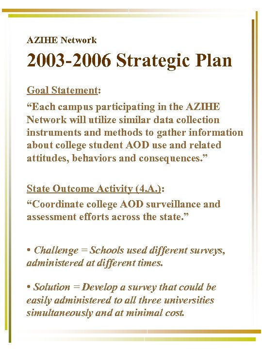 AZIHE Network 2003 -2006 Strategic Plan Goal Statement: “Each campus participating in the AZIHE