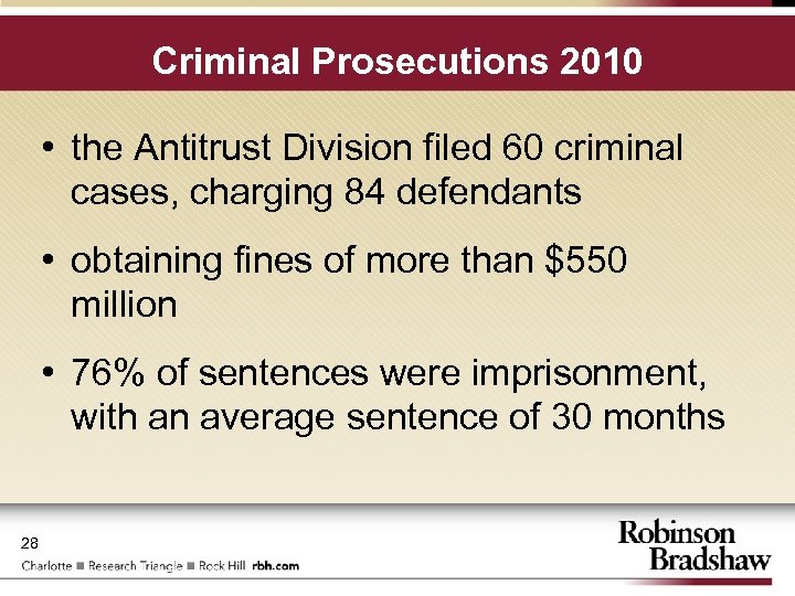 Criminal Prosecutions 2010 • the Antitrust Division filed 60 criminal cases, charging 84 defendants