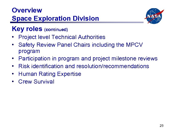 Overview Space Exploration Division Key roles (continued) • Project level Technical Authorities • Safety