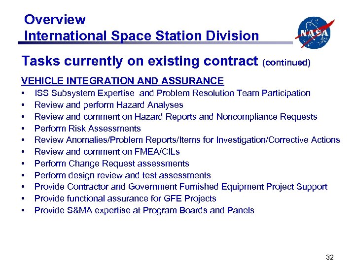 Overview International Space Station Division Tasks currently on existing contract (continued) VEHICLE INTEGRATION AND