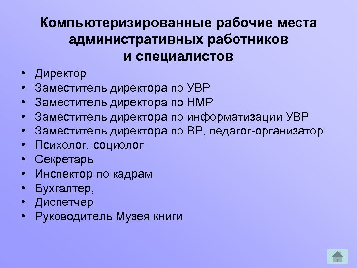 Компьютеризированные рабочие места административных работников и специалистов • • • Директор Заместитель директора по