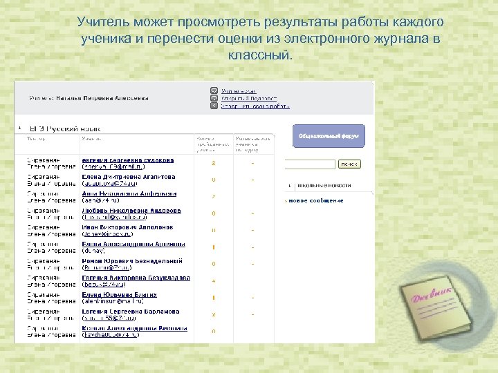 Учитель может просмотреть результаты работы каждого ученика и перенести оценки из электронного журнала в