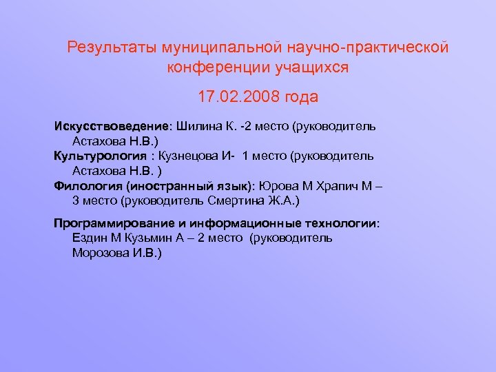 Результаты муниципальной научно-практической конференции учащихся 17. 02. 2008 года Искусствоведение: Шилина К. -2 место