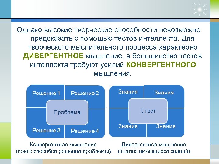 Однако высокие творческие способности невозможно предсказать с помощью тестов интеллекта. Для творческого мыслительного процесса