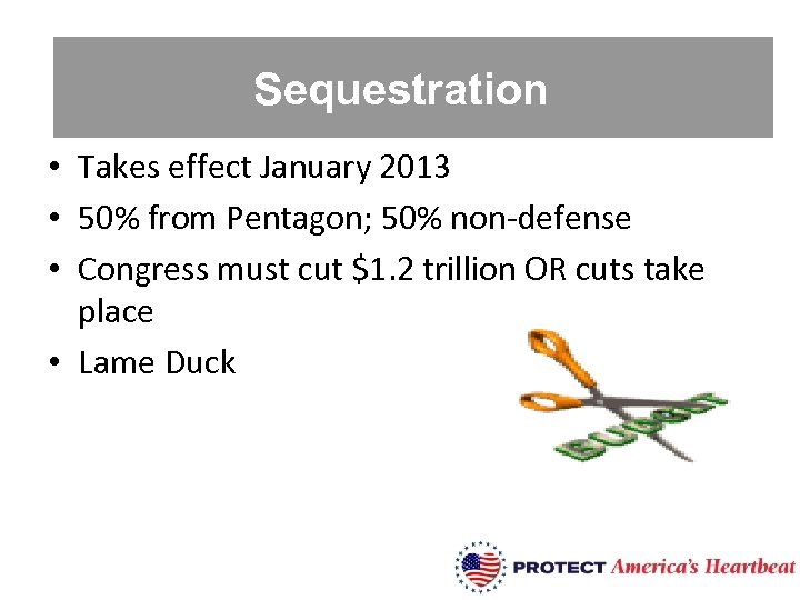 Appropriations Sequestration • Takes effect January 2013 • 50% from Pentagon; 50% non-defense •
