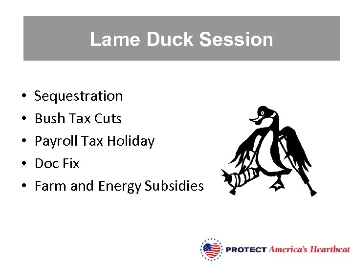 Appropriations Lame Duck Session • • • Sequestration Bush Tax Cuts Payroll Tax Holiday