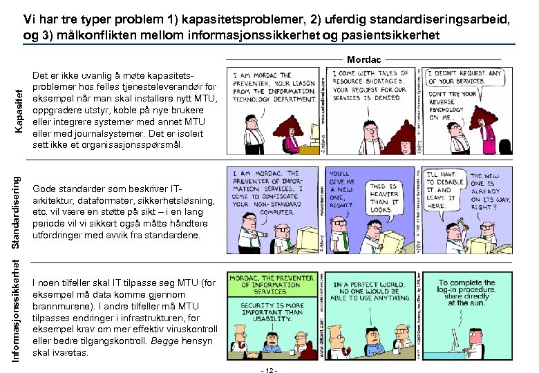 Vi har tre typer problem 1) kapasitetsproblemer, 2) uferdig standardiseringsarbeid, og 3) målkonflikten mellom