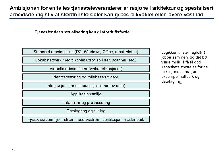 Ambisjonen for en felles tjenesteleverandører er rasjonell arkitektur og spesialisert arbeidsdeling slik at stordriftsfordeler