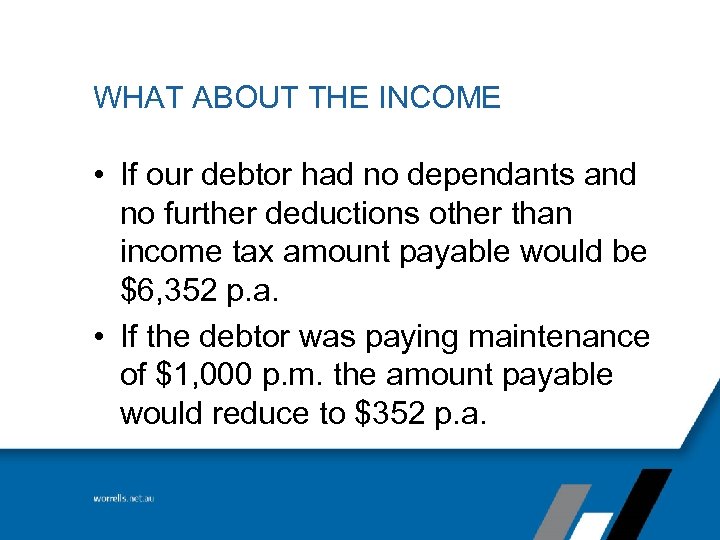 WHAT ABOUT THE INCOME • If our debtor had no dependants and no further