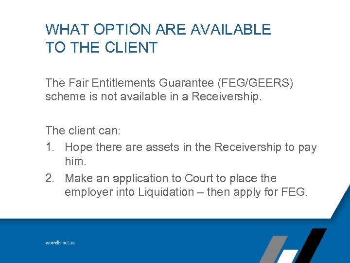 WHAT OPTION ARE AVAILABLE TO THE CLIENT The Fair Entitlements Guarantee (FEG/GEERS) scheme is