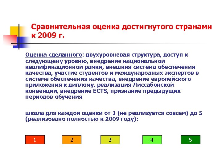 Сравнительная оценка достигнутого странами к 2009 г. Оценка сделанного: двухуровневая структура, доступ к следующему