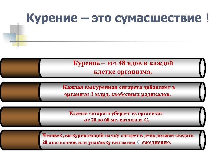 Курение – это сумасшествие ! Курение – это 48 ядов в каждой клетке организма.