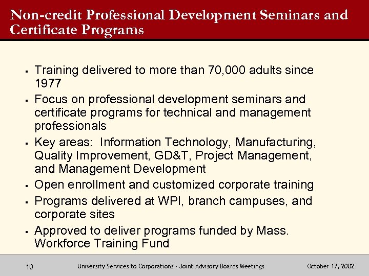 Non-credit Professional Development Seminars and Certificate Programs § § § 10 Training delivered to