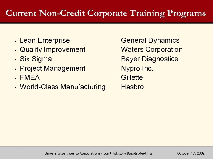 Current Non-Credit Corporate Training Programs § § § 11 Lean Enterprise Quality Improvement Six