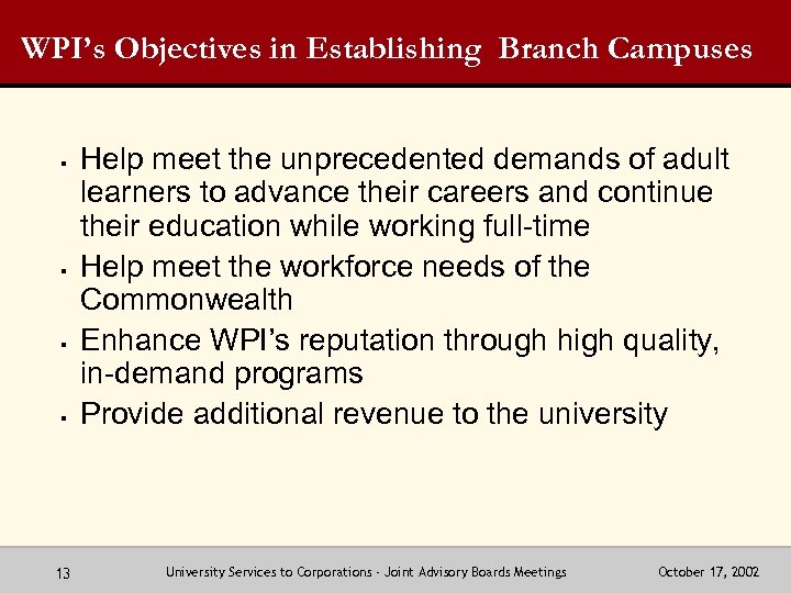 WPI’s Objectives in Establishing Branch Campuses § § 13 Help meet the unprecedented demands