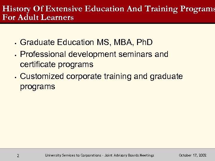 History Of Extensive Education And Training Programs For Adult Learners Graduate Education MS, MBA,