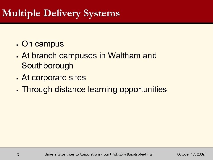 Multiple Delivery Systems § § 3 On campus At branch campuses in Waltham and