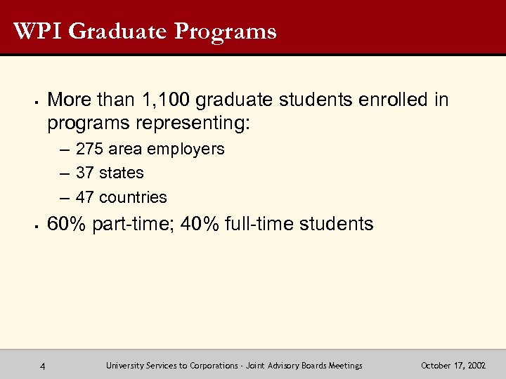 WPI Graduate Programs More than 1, 100 graduate students enrolled in programs representing: §