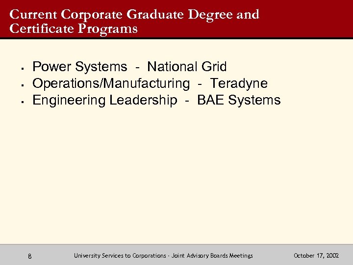 Current Corporate Graduate Degree and Certificate Programs Power Systems - National Grid Operations/Manufacturing -