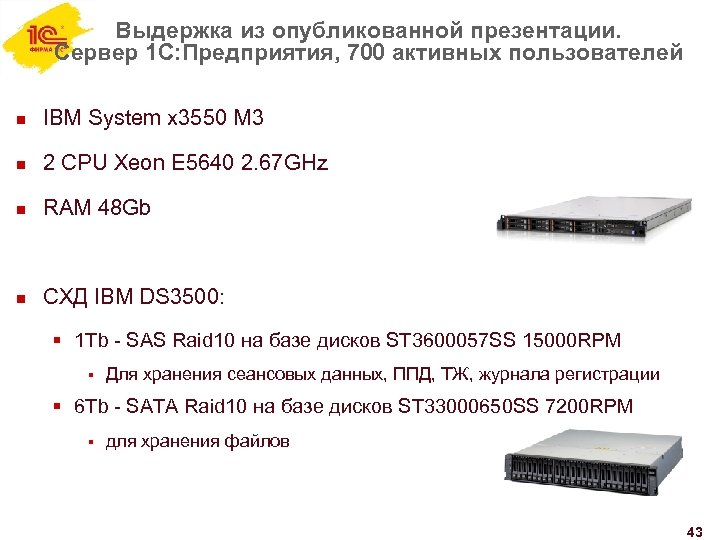 Выдержка из опубликованной презентации. Сервер 1 С: Предприятия, 700 активных пользователей n IBM System