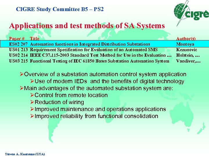 CIGRE Study Committee B 5 – PS 2 Applications and test methods of SA