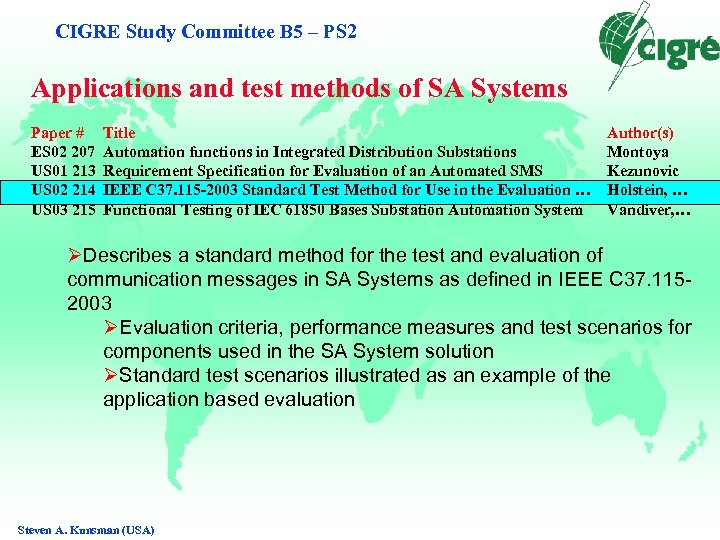 CIGRE Study Committee B 5 – PS 2 Applications and test methods of SA