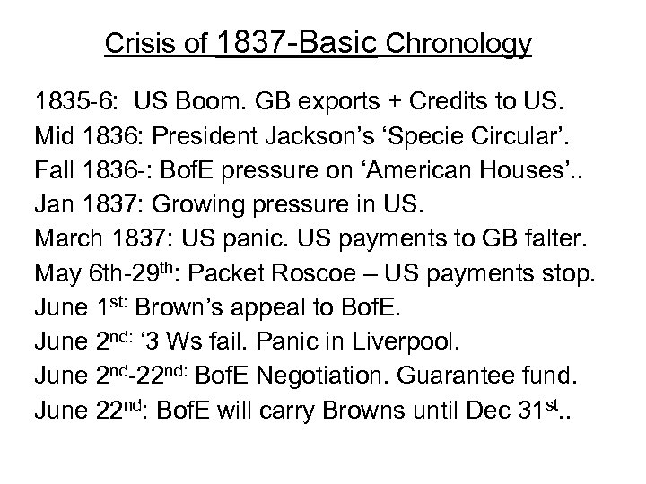 Crisis of 1837 -Basic Chronology 1835 -6: US Boom. GB exports + Credits to