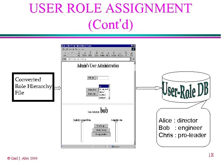 USER ROLE ASSIGNMENT (Cont’d) Converted Role Hierarchy File Alice : director Bob : engineer