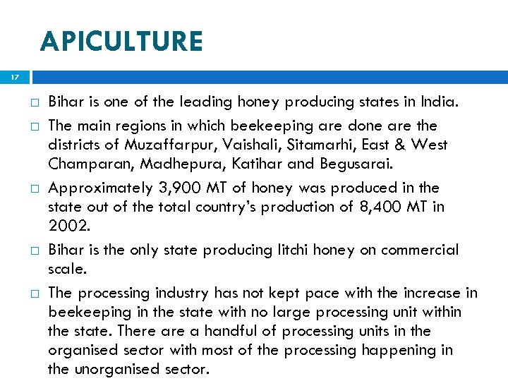 APICULTURE 17 Bihar is one of the leading honey producing states in India. The