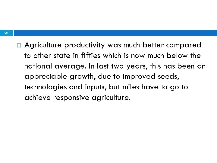 20 Agriculture productivity was much better compared to other state in fifties which is