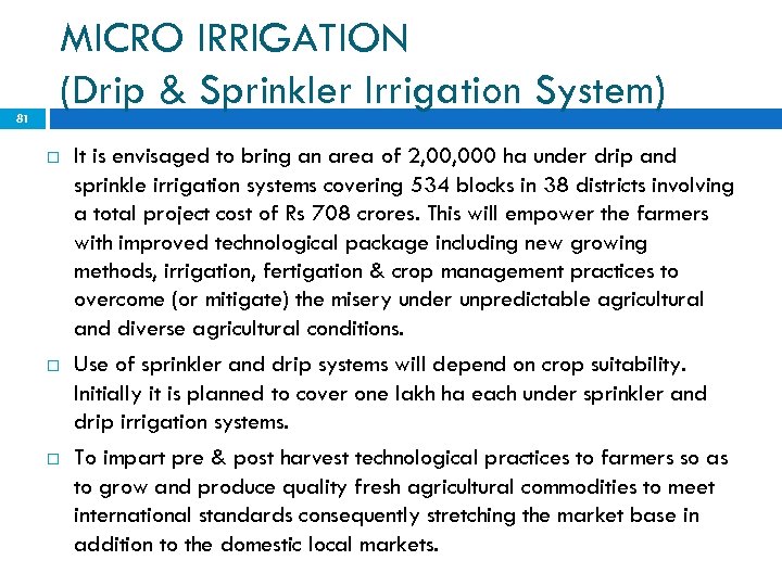 MICRO IRRIGATION (Drip & Sprinkler Irrigation System) 81 It is envisaged to bring an