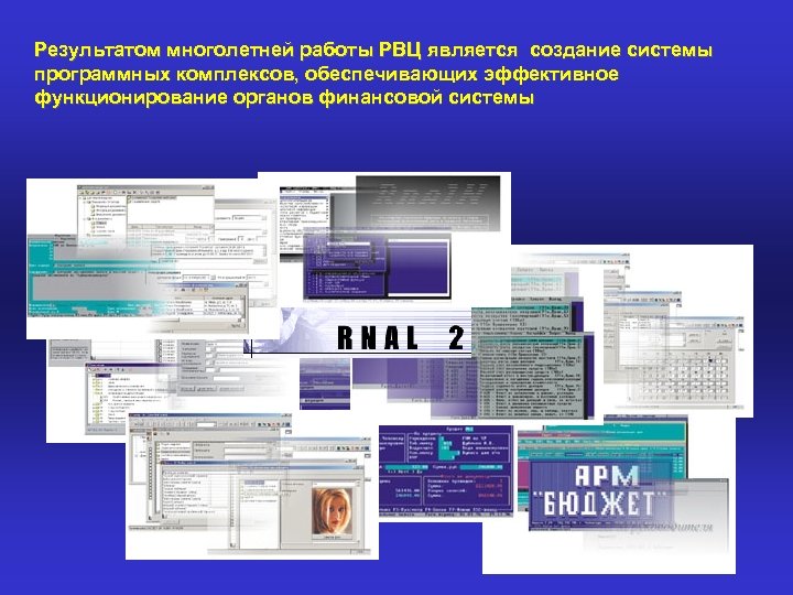 Результатом многолетней работы РВЦ является создание системы программных комплексов, обеспечивающих эффективное функционирование органов финансовой