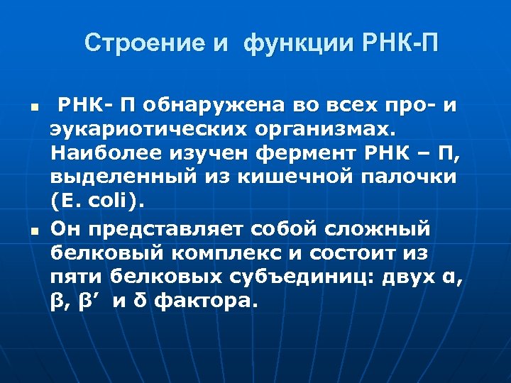 Строение и функции РНК-П n n РНК- П обнаружена во всех про- и эукариотических