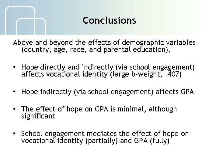 Conclusions Above and beyond the effects of demographic variables (country, age, race, and parental