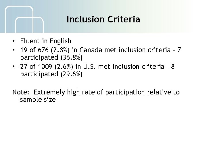 Inclusion Criteria • Fluent in English • 19 of 676 (2. 8%) in Canada