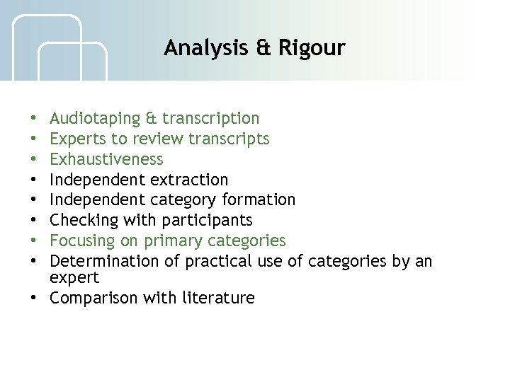 Analysis & Rigour Audiotaping & transcription Experts to review transcripts Exhaustiveness Independent extraction Independent