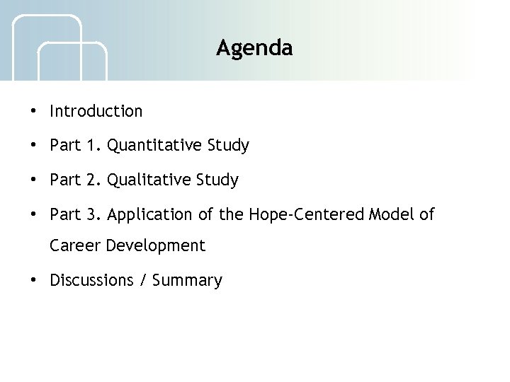 Agenda • Introduction • Part 1. Quantitative Study • Part 2. Qualitative Study •