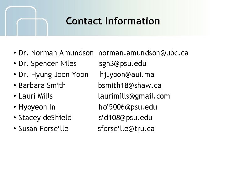 Contact Information • Dr. Norman Amundson • Dr. Spencer Niles • Dr. Hyung Joon