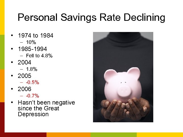 Personal Savings Rate Declining • 1974 to 1984 – 10% • 1985 -1994 –
