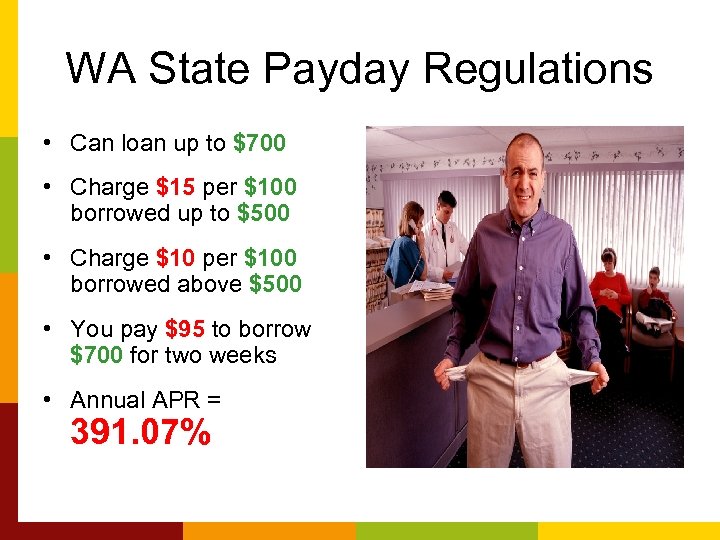 WA State Payday Regulations • Can loan up to $700 • Charge $15 per