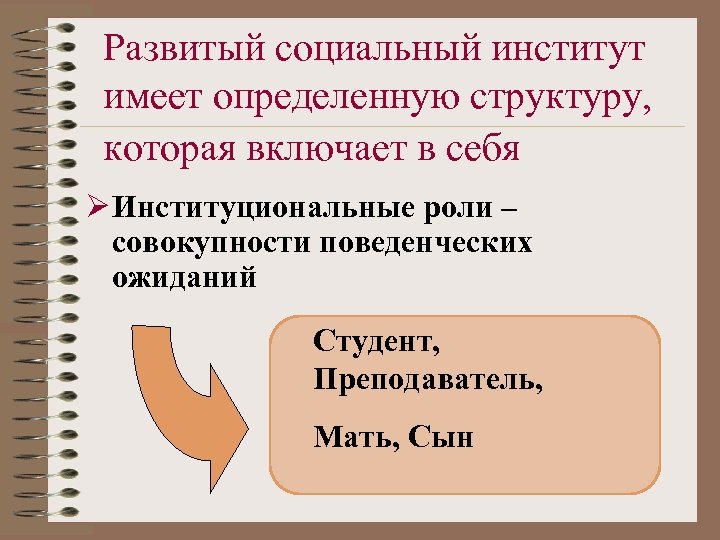 Развитый социальный институт имеет определенную структуру, которая включает в себя Ø Институциональные роли –