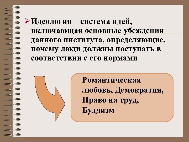 Ø Идеология – система идей, включающая основные убеждения данного института, определяющие, почему люди должны