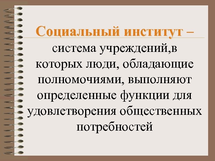 Социальный институт – система учреждений, в которых люди, обладающие полномочиями, выполняют определенные функции для