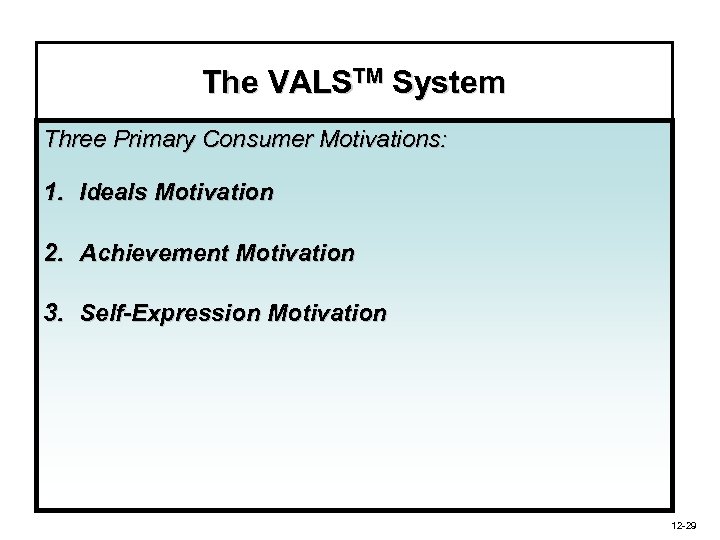 The VALSTM System Three Primary Consumer Motivations: 1. Ideals Motivation 2. Achievement Motivation 3.