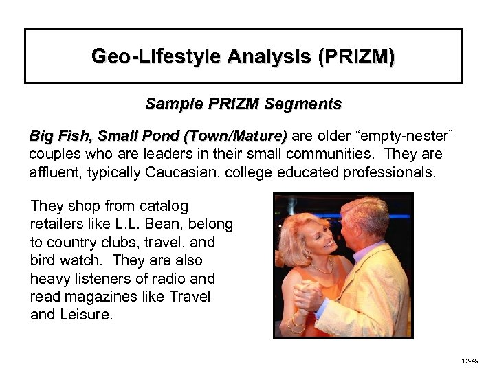 Geo-Lifestyle Analysis (PRIZM) Sample PRIZM Segments Big Fish, Small Pond (Town/Mature) are older “empty-nester”