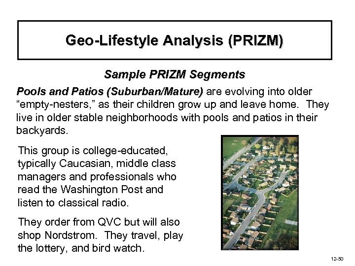 Geo-Lifestyle Analysis (PRIZM) Sample PRIZM Segments Pools and Patios (Suburban/Mature) are evolving into older