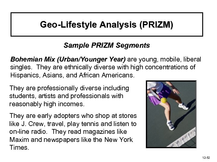 Geo-Lifestyle Analysis (PRIZM) Sample PRIZM Segments Bohemian Mix (Urban/Younger Year) are young, mobile, liberal