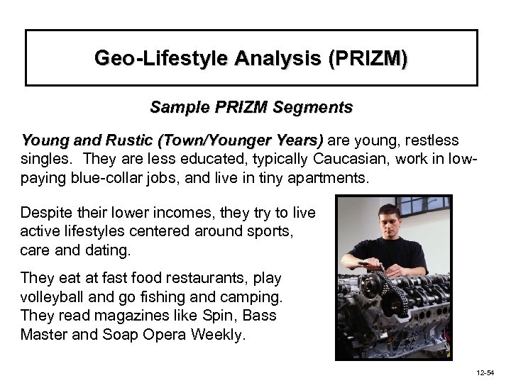 Geo-Lifestyle Analysis (PRIZM) Sample PRIZM Segments Young and Rustic (Town/Younger Years) are young, restless